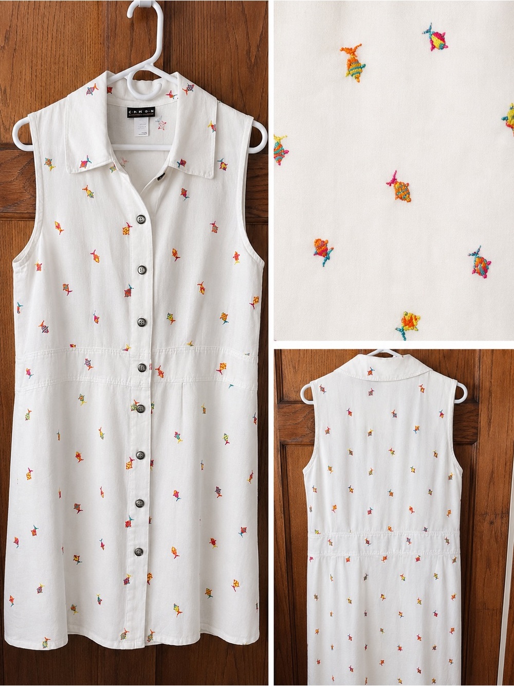 Vintage Liz & Jane Sleeveless Button Front Embroidered Fish Dress